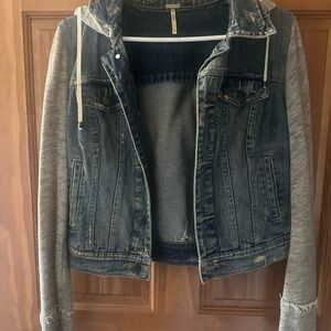 Free People Blue and Gray Jean Jacket with Hoodie